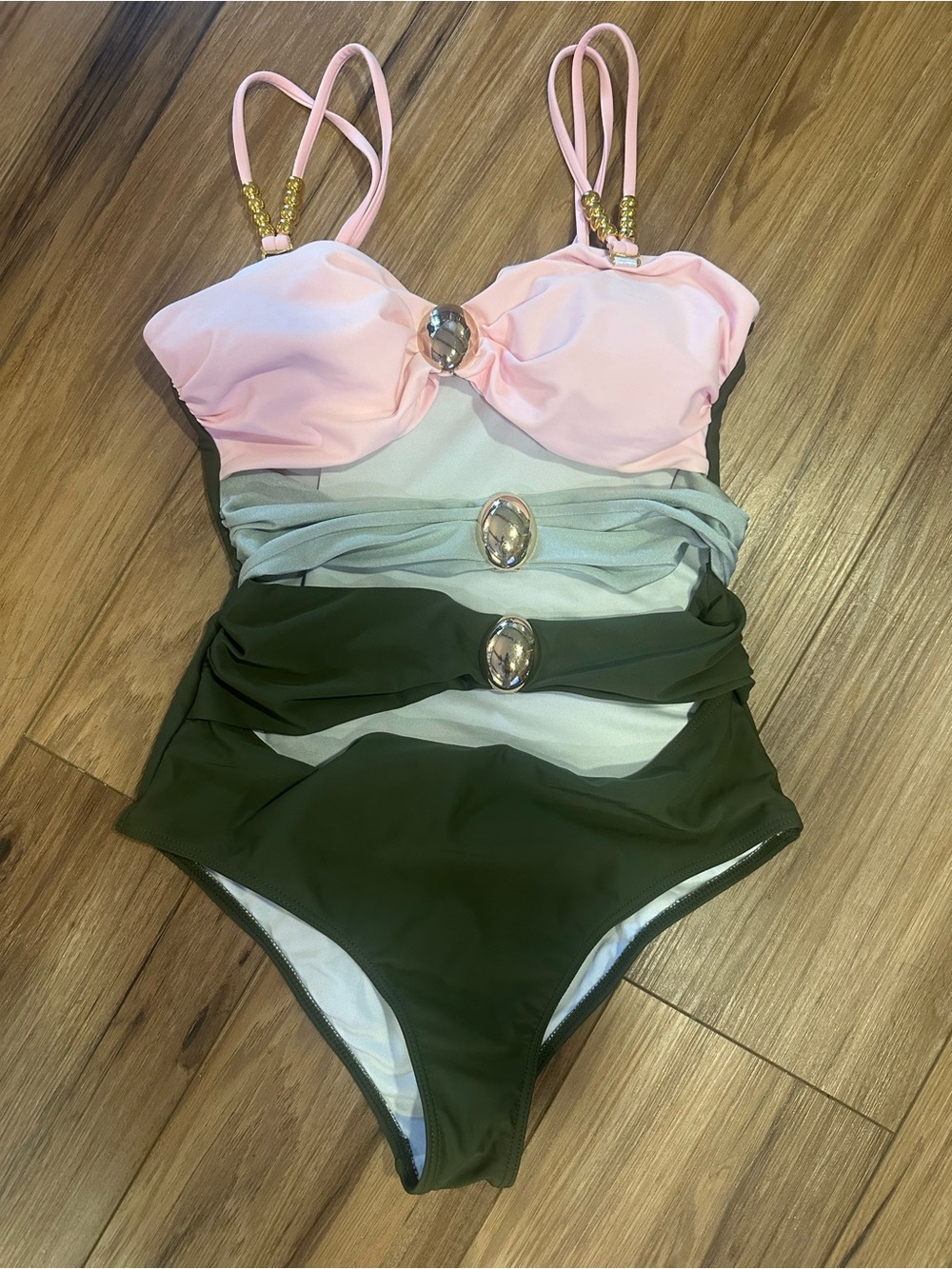 Colorblock Pink and Olive One-Piece Swimsuit with Decorative Gems